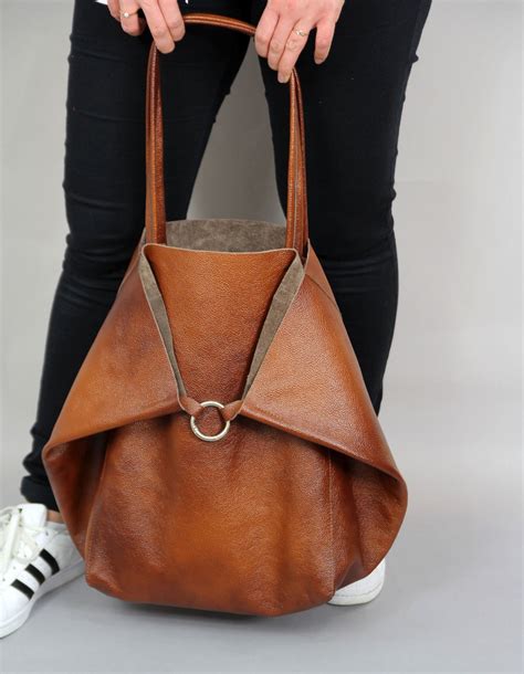 Brown Large Leather Bag Shoulder Bag Brown Slouchy Tote Etsy Large