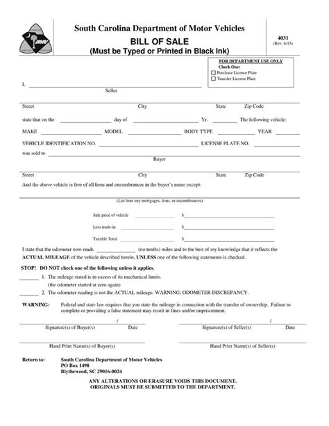 Free South Carolina Bill Of Sale Forms Pdf Eforms Free Fillable
