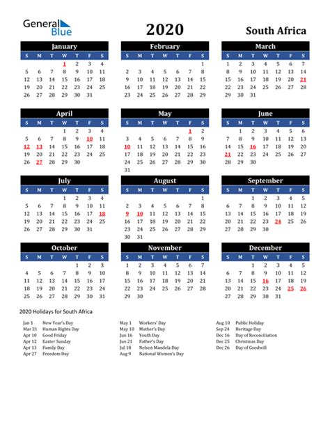 2020 Calendar South Africa With Holidays