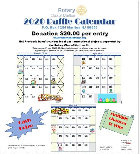 2020 Calendar Raffle Rotary Club Of Marlton