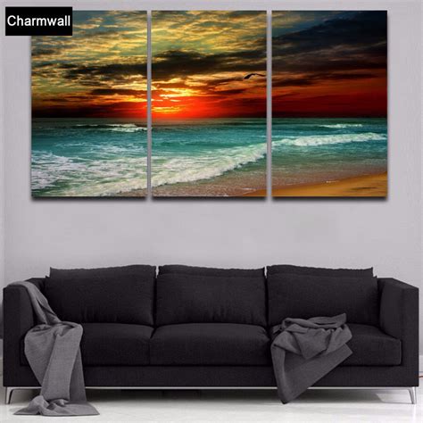 5 Pieces Hd Canvas Red Sunset Sea Waves 4 Panels Seascape Prints Wall