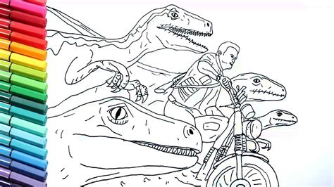 Drawing And Coloring Jurrasic World Raptor And Motorbike Dinosaurs