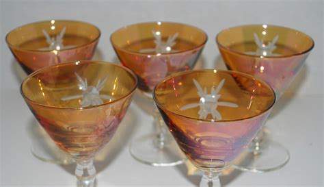 Vintage Amber Glass Cordials With Etched Starburst Sherry