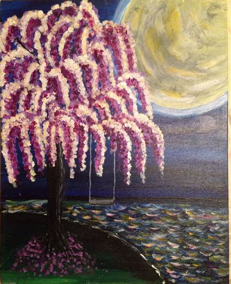 Weeping Willow Tree In The Moonlight Acrylic On Canvas Painting