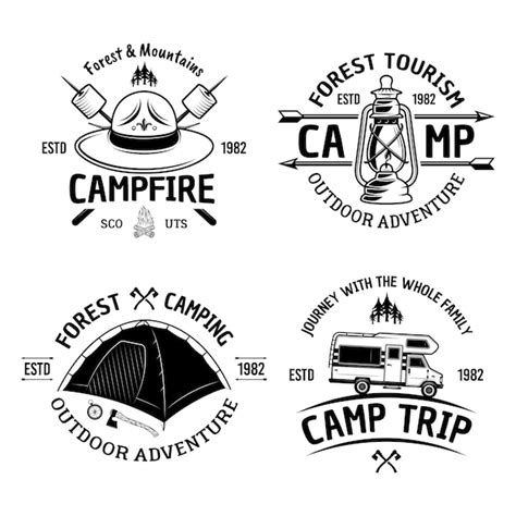 premium vector camping and outdoors set of four vector vintage black emblems labels badges or