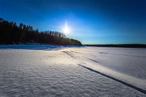 falun march 31 2018 panorama of the frozen lake of framby udde near the town of falun in