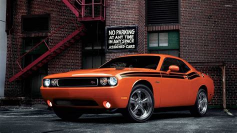 Front View Of An Orange Dodge Challenger Rt Classic Wallpaper Car
