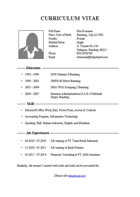 Contoh Cv Lamaran Kerja Dalam Bahasa Inggris Helpshared