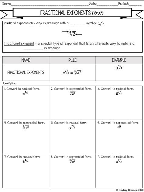 Fractional Exponents Worksheet