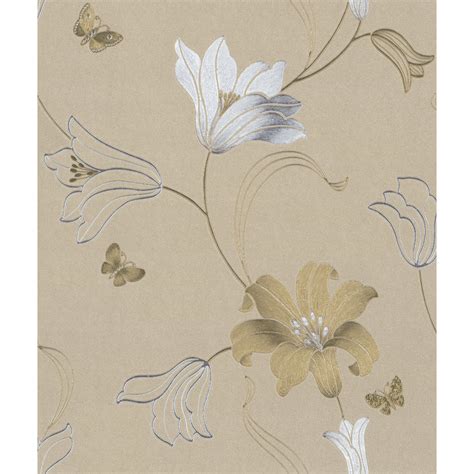 Muriva Amilia Floral Metallic Butterfly Wallpaper Vinyl Embossed Gold