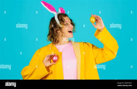 Woman In Rabbit Ears With Colour Eggs Happy Easter Bunny Girl Egg