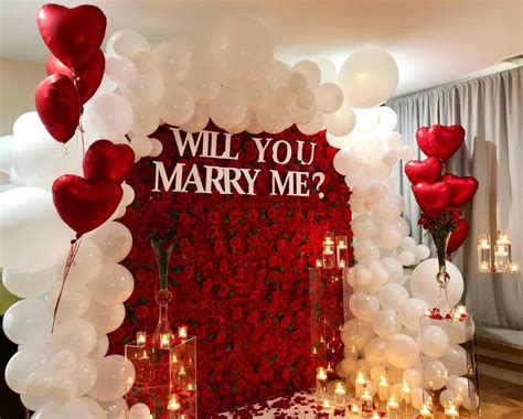 Red Flower Wall Proposal White Balloons Wedding Proposal Ideas
