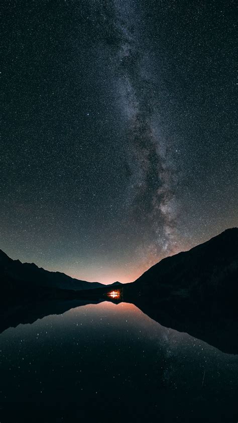 Download Wallpaper 1080x1920 Starry Sky Stars Milky Way Night Lake Reflection Samsung