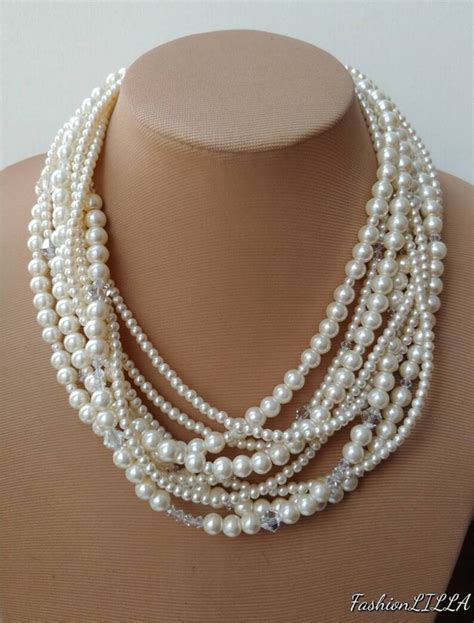 Chunky Pearl And Crystal Multistrand Statement Necklaceboho Etsy