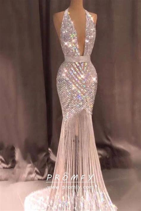 Sparkly Diamond Beading Plunging Neck Halter Gown Shiny Dresses