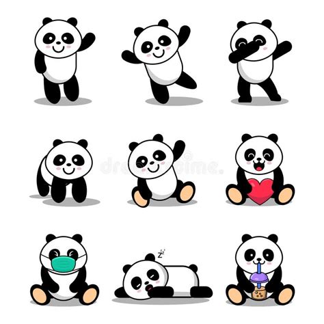 Set Of Cute Panda Character In Different Action Emotion Stock Vector