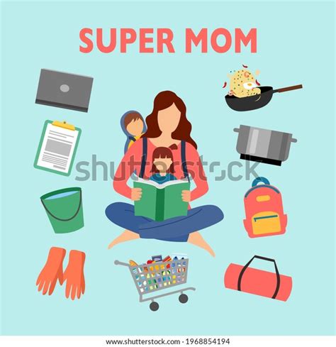 Super Mom Multitasking Cooking Cleaning Taking Stock Vector Royalty