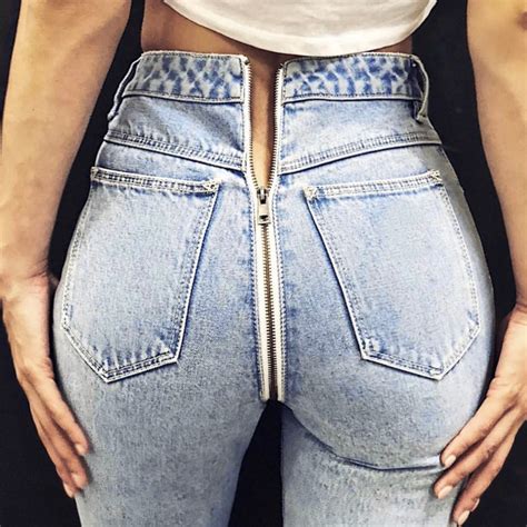 2020 Hot Sale Trendy Open Crotch Jeans Butt Zip Back Zipper Women Sexy Leggings Straight Denim