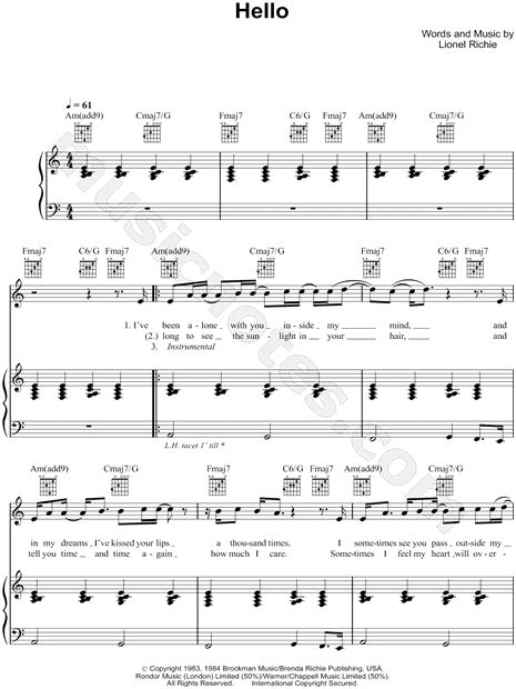 Lionel Richie Hello Sheet Music In A Minor Transposable Download And Print Sku Mn0073920