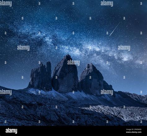 Milky Way Over Mountain Path To Tre Cime In Dolomites Italy Stock