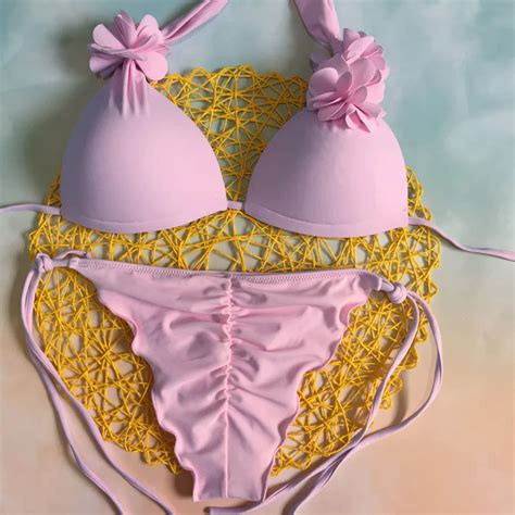 Bandage Swimsuit Pink Floral Bikini Set Thong Women 2018 Sexy Biquini Push Up Swimwear Halter