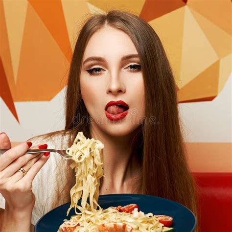 Attractive Woman Eating Seafood Pasta Stock Image Image Of Cuisine Girl