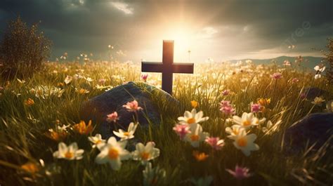 The Cross Is Set Against A Field Of Flowers Background Easter Sunday