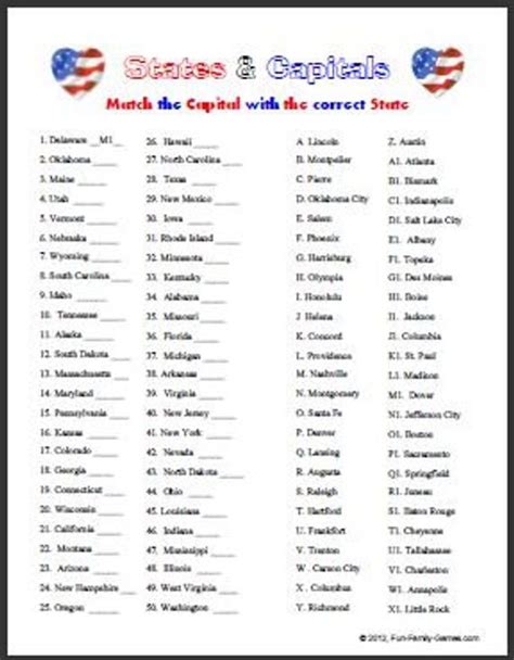 States And Capitals Worksheets