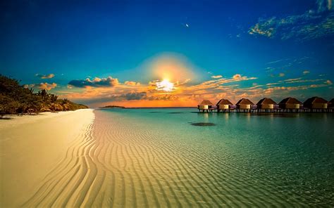Tropical Clouds Water Sea Landscape Bungalow Sand Beach Island Sunset Palm Trees