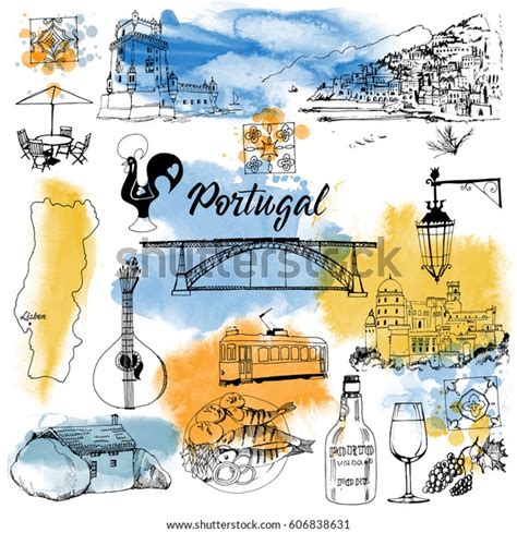 Portugal Conjunto Vetorial Desenhado à Mão Com Textura Aquarela