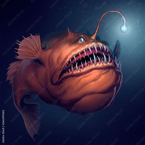 Angler Fish On Background Of Dark Blue Water Realistic Illustration