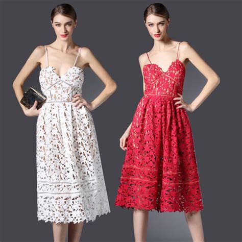 2016 New Arrive Self Portrait Handmade White And Red Summer Lace Dress Sexy Flower Elegant Women