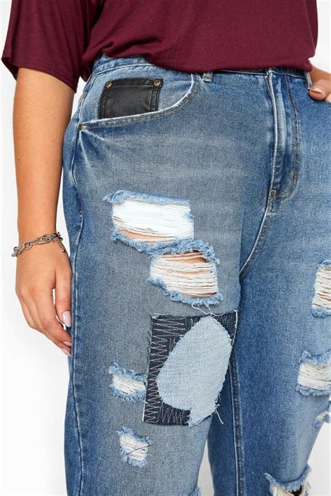 Blue Extreme Ripped Patch Mom Jeans Yours Clothing