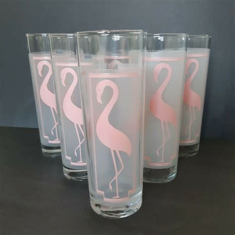 Vintage Pink Flamingo Drinking Glasses Frosted Highball Tom Collins Set