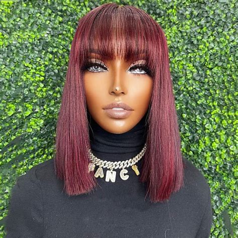 Burgundy Human Hair Wig Straight Bob With Bangs Silky Natural Hairline For Black Women Capless