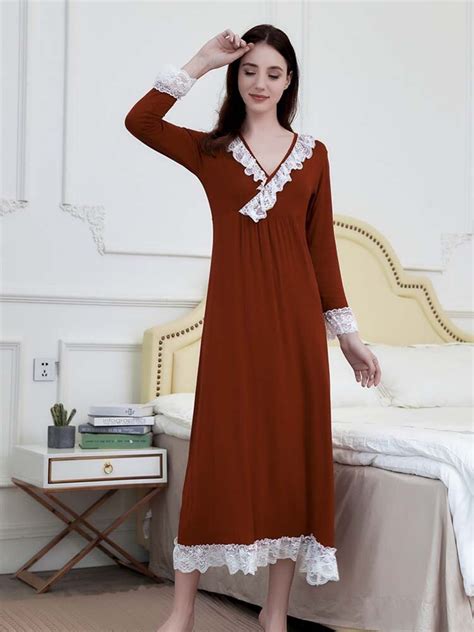 Womens Nightgowns Delicate V Neck Lace Vintage Sleepshirts Modal