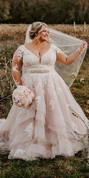 Long Sleeve Blush Lace Plus Size Wedding Dress Daisystyledress