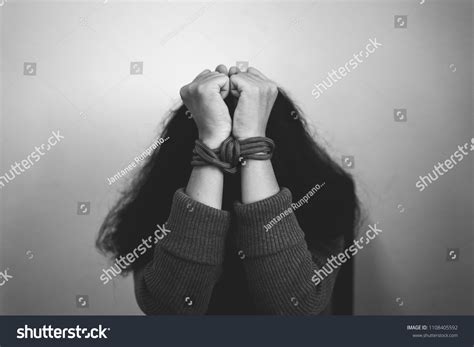 Hands Victim Woman Tied Rope Emotional Stock Photo 1108405592