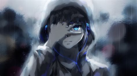 Download 1920x1080 Anime Boy Hoodie Blue Eyes Headphones Painting