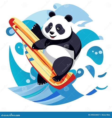 Panda Surfing On A Surfboard Vector Illustration In Cartoon Style
