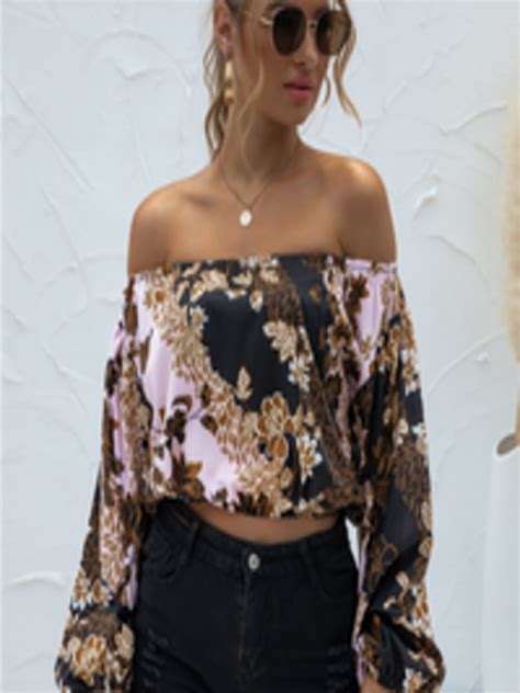 Buy Urbanic Black And Off White Floral Print Off Shoulder Bardot Crop Top Tops For Women