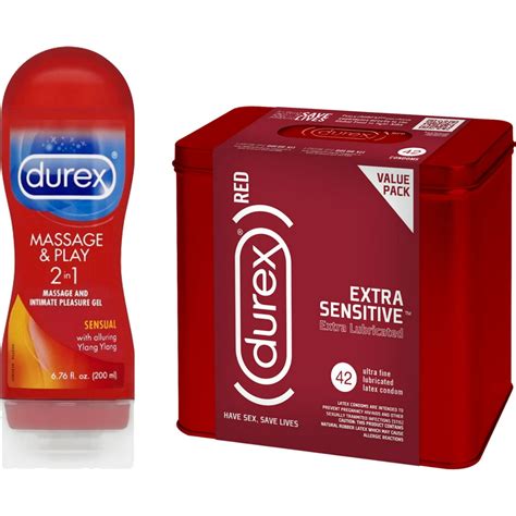 Durex Red Condom Extra Sensitive 42 Count And Durex Massage And Play 2 In 1 Lubricant 676oz