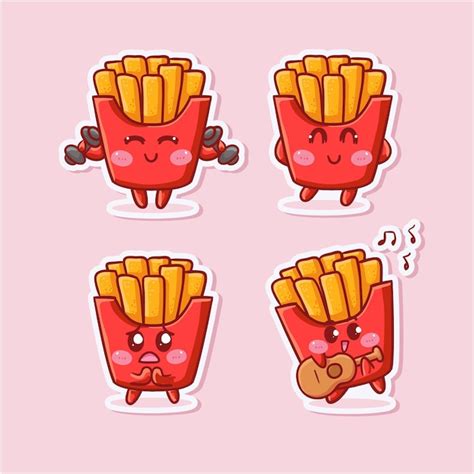Premium Vector Cute And Kawaii French Fries Sticker Set With Various