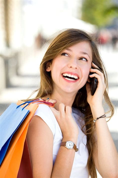 Girl With Mobile Phone And Shopping Bags Stock Image Image Of