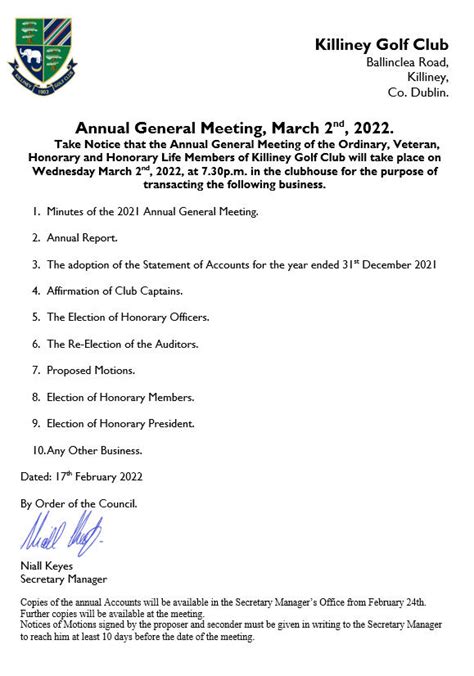 Notice Of Annual General Meeting 2nd March 2022 Killiney Golf Club