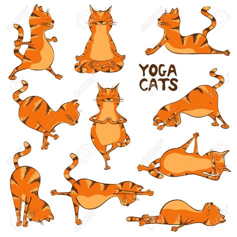 Set Of Isolated Cartoon Funny Red Cats Icons Doing Yoga Position Yoga