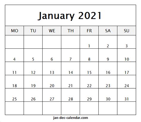 Printable January 2021 Calendar Blank Monthly Schedule Template 2021