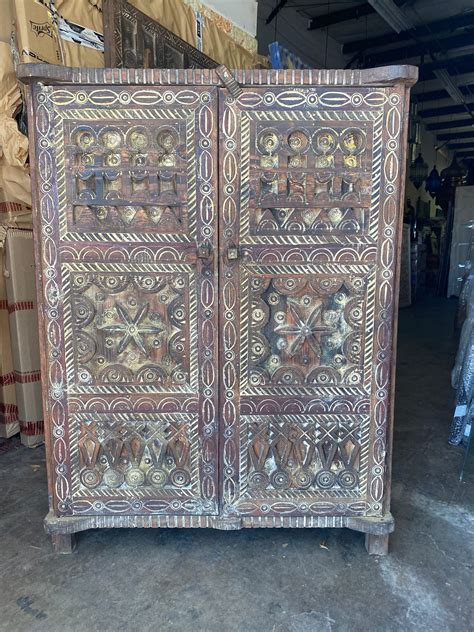 Vintage Hand Carved Touareg African Cabinet Moroccan Armoire Ethnic