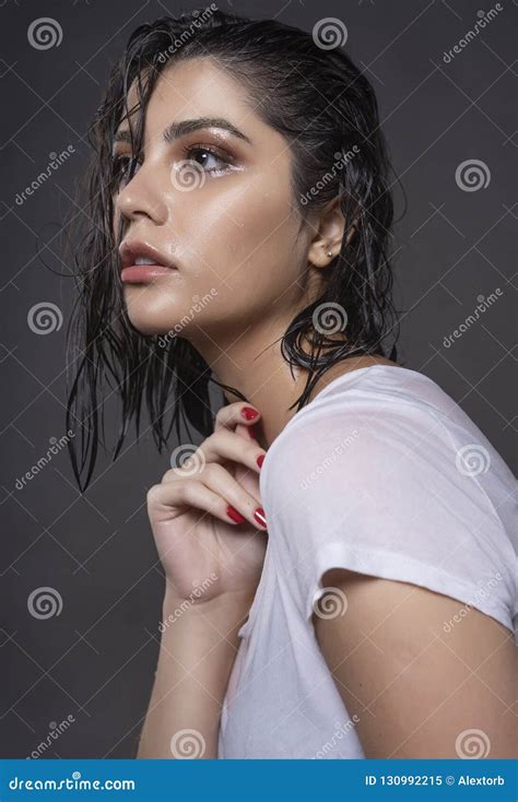 Beautiful Wet Brunette Girl With Water Drops Running Down Her Fa Stock Image Image Of Care