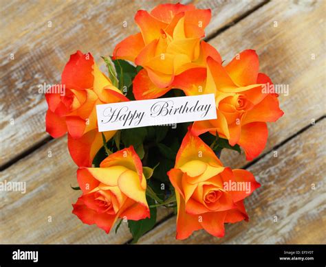 Happy Birthday Card With Orange Roses Stock Photo Alamy